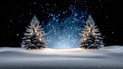 Wall Mural - Two illuminated Christmas trees stand in a snowy landscape under a starry night sky, creating a serene and festive winter scene.