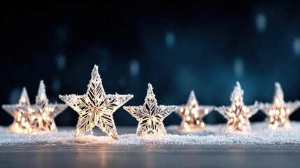 Poster - illuminated star-shaped decorations with a snowy base against a dark, blurred background, creating a
