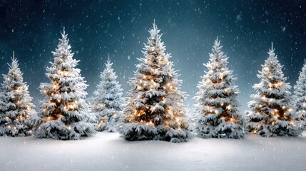 Wall Mural - Snow-covered Christmas trees with glowing lights under a dark, snowy sky, creating a serene and festive winter scene.