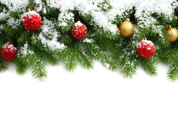 Wall Mural - Snow-dusted evergreen branches adorned with red and gold Christmas baubles on a white background.