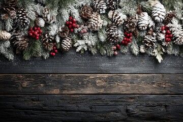 Wall Mural - Festive winter arrangement with snow-dusted pinecones, evergreen branches, and red berries on rustic wooden background.