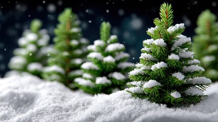 Wall Mural - Snow-covered evergreen trees in a winter landscape with falling snowflakes, creating a serene and festive atmosphere.