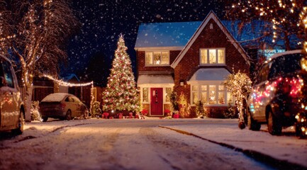 Wall Mural - Cozy house adorned with festive Christmas lights, snow-covered yard, and decorated tree, creating a warm holiday ambiance on a winter night.