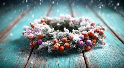 Wall Mural - Snow-dusted Christmas wreath with vibrant berries on a turquoise wooden surface, capturing a festive winter atmosphere.