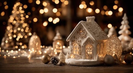 Poster - festive gingerbread house with glowing lights surrounded by christmas ornaments and pinecones, set a