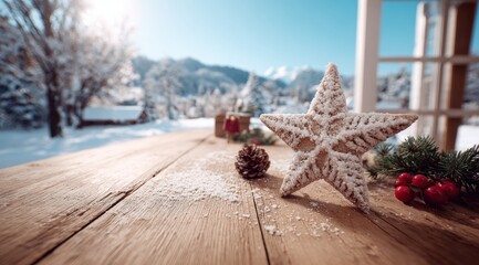 Wall Mural - A snow-covered star decoration on a wooden table, with pinecones and berries, set against a snowy winter landscape and blue sky.