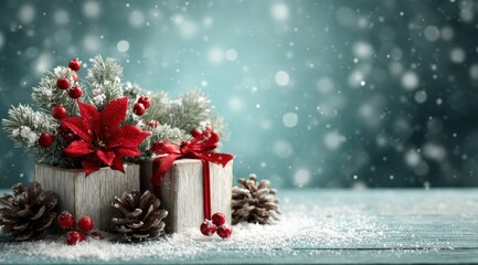Wall Mural - festive holiday scene with red poinsettia, pine cones, and snow-covered gifts against a snowy teal b