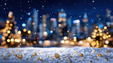 Poster - festive snow scene with golden decorations and city lights bokeh, creating a magical winter atmosphe