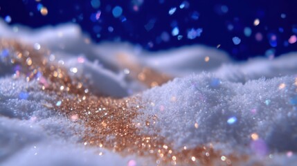 Wall Mural - close-up of shimmering gold glitter on white snow with a blue bokeh background, creating a magical a