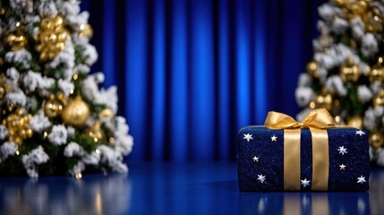 Wall Mural - A festive blue gift box with gold ribbon sits in front of decorated Christmas trees with blue and gold ornaments on a blue background.