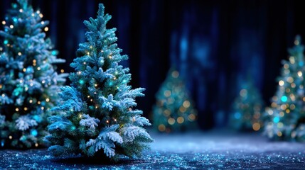 Wall Mural - snow-covered christmas trees adorned with lights, set against a dark, blurred forest background, cre