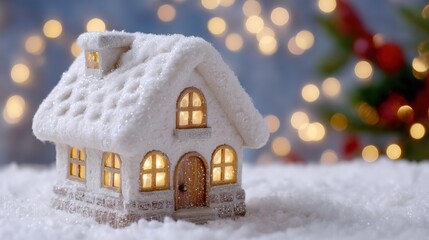 Poster - snow-covered miniature house with glowing windows, surrounded by festive bokeh lights, creating a co