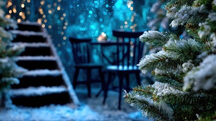 Wall Mural - Snow-covered pine tree near a staircase with blurred chairs and festive lights in the background, creating a serene winter night ambiance.