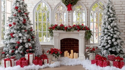 Wall Mural - festive christmas scene with decorated trees, gifts, and a fireplace adorned with candles and greene