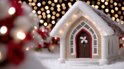 Wall Mural - a miniature snow-covered house with a red door, surrounded by festive lights and red flowers, creati