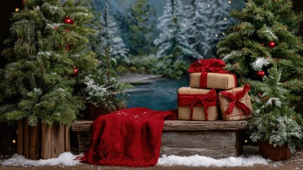 Wall Mural - Festive scene with snow-dusted Christmas trees, wrapped gifts, and a red blanket on a rustic bench, set against a snowy forest backdrop.