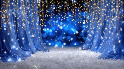 Wall Mural - blue curtains with golden fairy lights and bokeh effect create a magical winter wonderland scene, wi