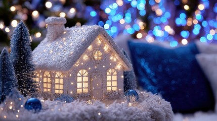 Wall Mural - a cozy, snow-covered miniature house with glowing lights, surrounded by blue decorations and trees, 