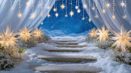 Wall Mural - A magical winter scene with glowing star lights, snowy steps, and draped curtains under a starry night sky.