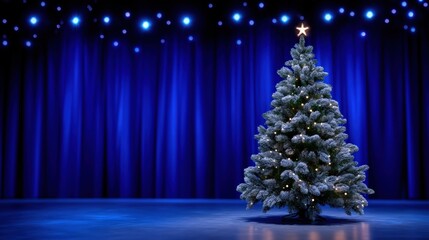 Wall Mural - A beautifully lit Christmas tree with a star topper stands on stage against a backdrop of blue curtains and twinkling lights.