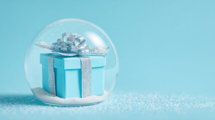 Wall Mural - A blue gift box with a silver ribbon is encased in a clear snow globe, set against a matching blue background with scattered white snow.