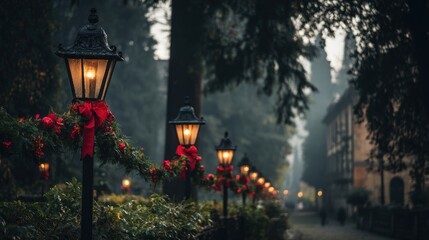 Wall Mural - a row of vintage street lamps adorned with festive red bows and greenery, illuminating a misty, tree