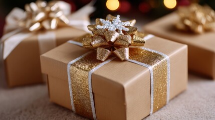 Wall Mural - Three gift boxes wrapped with gold bows on a white background, perfect for holiday or celebration themes.