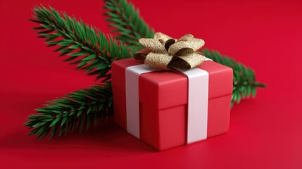 Wall Mural - Red gift box with white ribbon and bow on a white background, perfect for holiday or celebration themes.