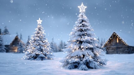 Wall Mural - Snow-covered Christmas trees with glowing lights and star toppers stand in front of wooden cabins, creating a festive winter wonderland scene.