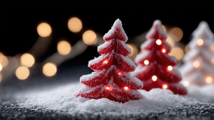 Wall Mural - Three small snow-covered Christmas trees outdoors in daylight with a blurred winter background.