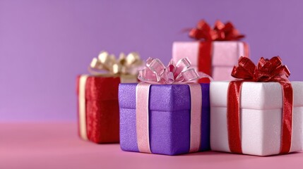 Wall Mural - Colorful gift boxes with shiny ribbons on a vibrant pink and purple background, creating a festive and cheerful atmosphere.