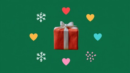 Wall Mural - A red gift box with a white ribbon surrounded by colorful hearts and snowflakes on a green background, symbolizing celebration and joy.