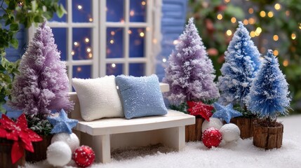 Wall Mural - festive winter scene with colorful snow-covered trees, decorative pillows on a bench, and sparkling 
