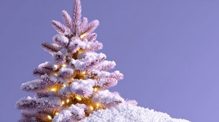 Wall Mural - A snowy, pink Christmas tree decorated with warm lights stands against a purple background, capturing a festive and whimsical holiday atmosphere.