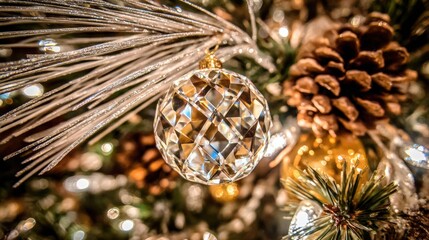Wall Mural - Close-up of a sparkling crystal ornament and pinecone on a Christmas tree, surrounded by festive lights and decorations.