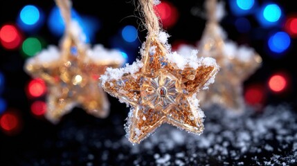 Wall Mural - Glittering star ornaments dusted with snow hang against a backdrop of colorful bokeh lights, evoking a festive holiday atmosphere.