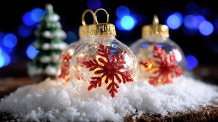 Wall Mural - Festive Christmas ornaments with red snowflakes on snow, set against a background of blurred blue lights and a small Christmas tree.