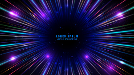 Wall Mural - Dynamic abstract background features multicolored light rays, radiant streaks of neon blue, purple, and pink, with sparkling particle effects