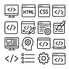 Black outline icons representing web development, coding, and programming concepts