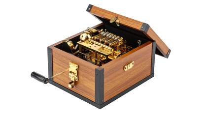 Intricate wooden music box display isolated on transparent background