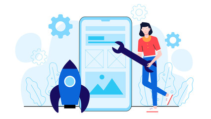 Startup Developing Mobile App Prototype, flat vector illustration