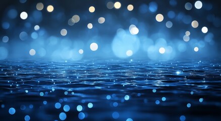 Abstract dark blue water surface with bokeh lights.