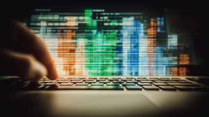 Wall Mural - code explorer: a close-up perspective of fingers interacting with a laptop keyboard, with code displ