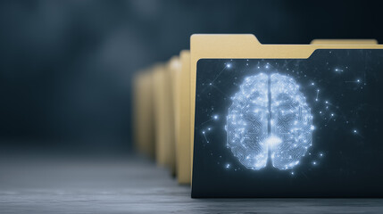 Wall Mural - knowledge repository: a close-up captures the innovative digital data with glowing brain on a file f