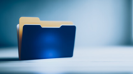 Wall Mural - data storage concept: a dark-blue folder icon with a glowing light inside, symbolizing secure data s
