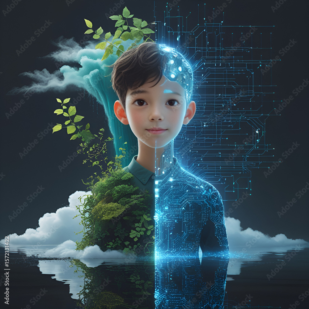 Humanity and Technology: A young boy is split in two to visualize ...