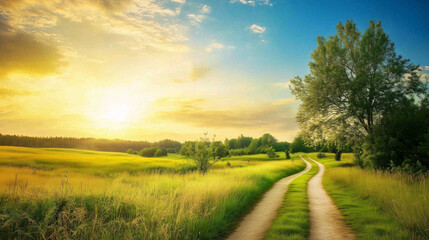 Wall Mural - green field and blue sky. field and clouds