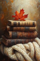Wall Mural - Artistic Macro Oil Painting of Old Books with Maple Leaf