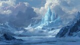 Fantasy castle in snowy mountains with ice architecture illustration