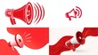 © Alif - Red megaphone icons against a white background, emitting sound waves, useful for announcements